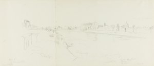 Landschapszicht op Rome vanaf de oevers van de Tiber, met verre uitzichten op het kasteel Sant